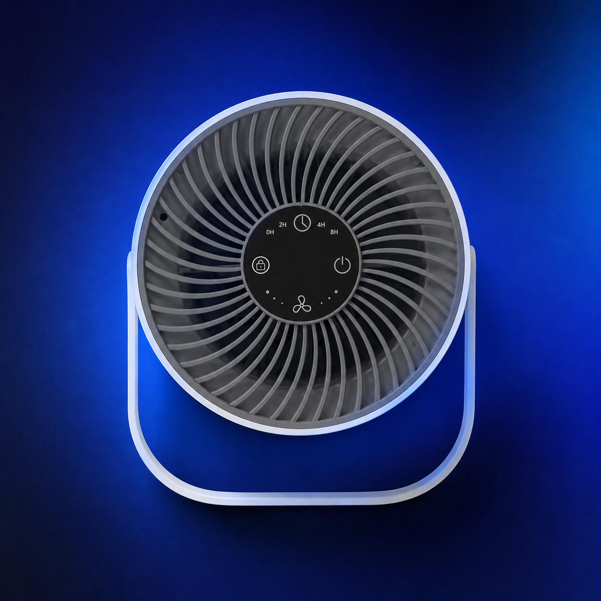 Mavrex One air purifier viewed from above, showing the spiral fan blades and control panel