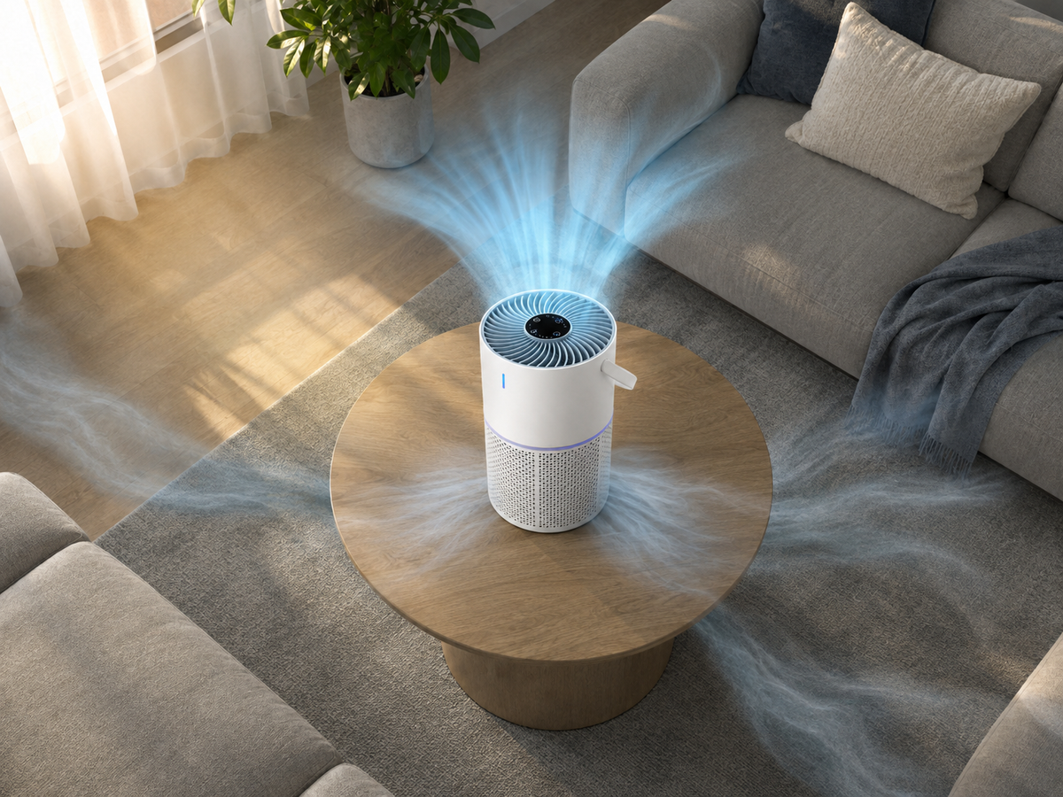 Mavrex One air purifier on a coffee table in a sunlit living room, circulating clean air